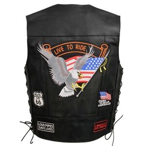 Black Leather Biker Vest with Eagle Patch